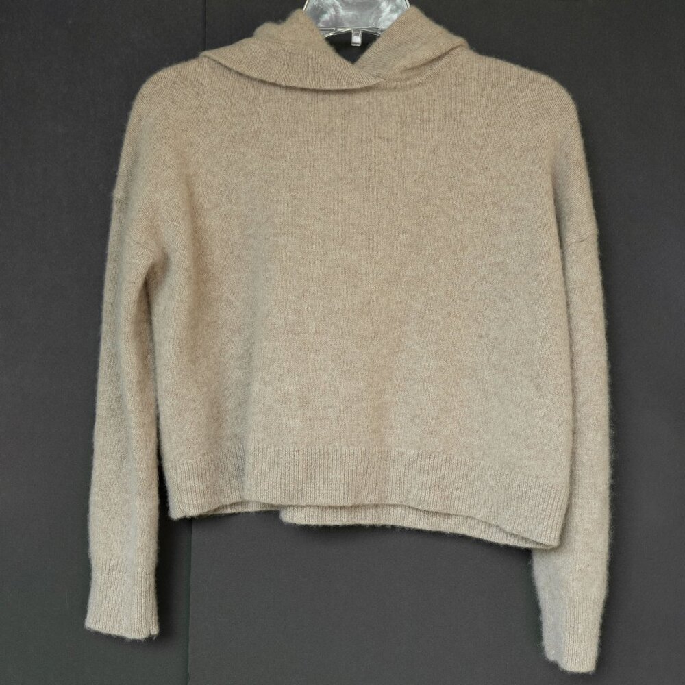 Theory 100% Cashmere Crop Hoodie Minimalist Neutral Taupe Beige Hooded Sweater - Picture 2 of 10